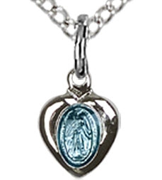 Sterling Silver Miraculous Heart Medal, Blue Enamel, Your choice of chain, 1/4" tall, # 43585