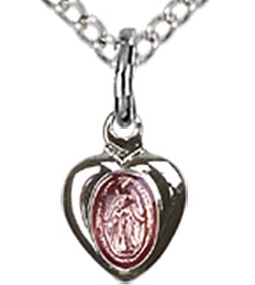 Sterling Silver Miraculous Heart Medal, Your choice of chain, 1/4", Pink Enamel, # 43588