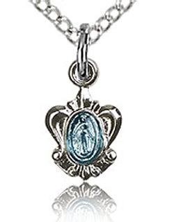 Miniature Ornate Miraculous Medal 5/16" Blue Enamel / Sterling Silver, your choice of chain # 43592