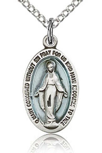 5/8" Oval Miraculous Medal, Blue Enamel, Sterling, Your choice of chain # 43622