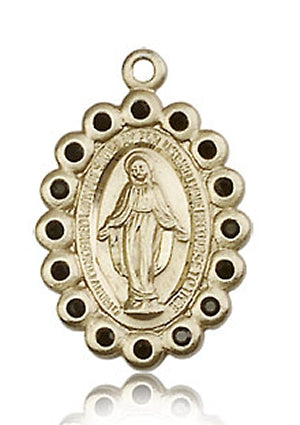 Jet Black Crystal Border Miraculous Medal 13/16" Solid 14kt Gold-, Free Chain, # 43663