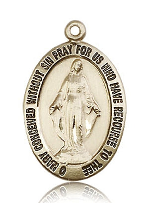 Oval Miraculous Medal, Highlighted Letters, 7/8" Solid 14kt Gold, Free Chain, # 43673