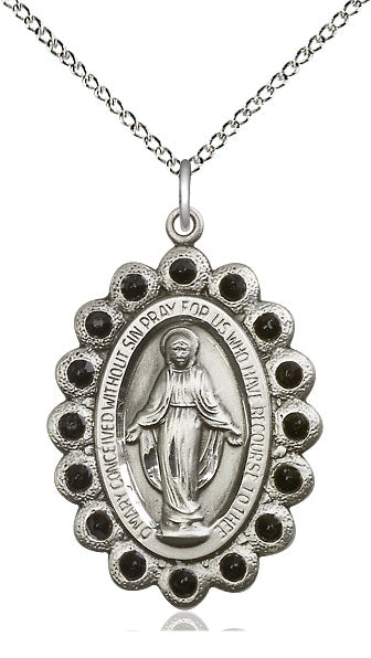 Black Crystal Border Miraculous Medal 1-1/8" Sterling Silver, your choice of chain, # 43677