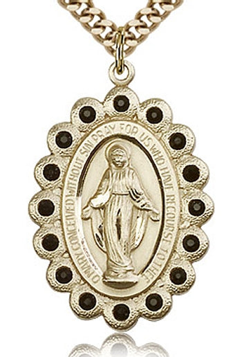 Black Crystal Border Miraculous Medal 1-1/8" 14kt Gold Filled, your choice of chain, # 43678