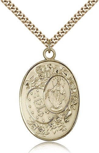 Single Side Miraculous Medal 1-1/4" 14kt Gold Filled, your choice of chain, # 43692
