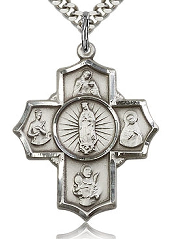 Motherhood 5-Way Medal 1-1/8" Sterling Silver, your choice of chain, # 43694