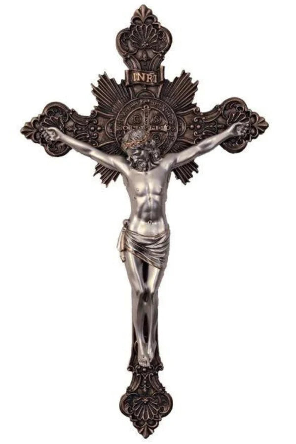 St. Benedict Resin Wall Crucifix in cold cast bronze,with pewter style corpus, 19" # 4375