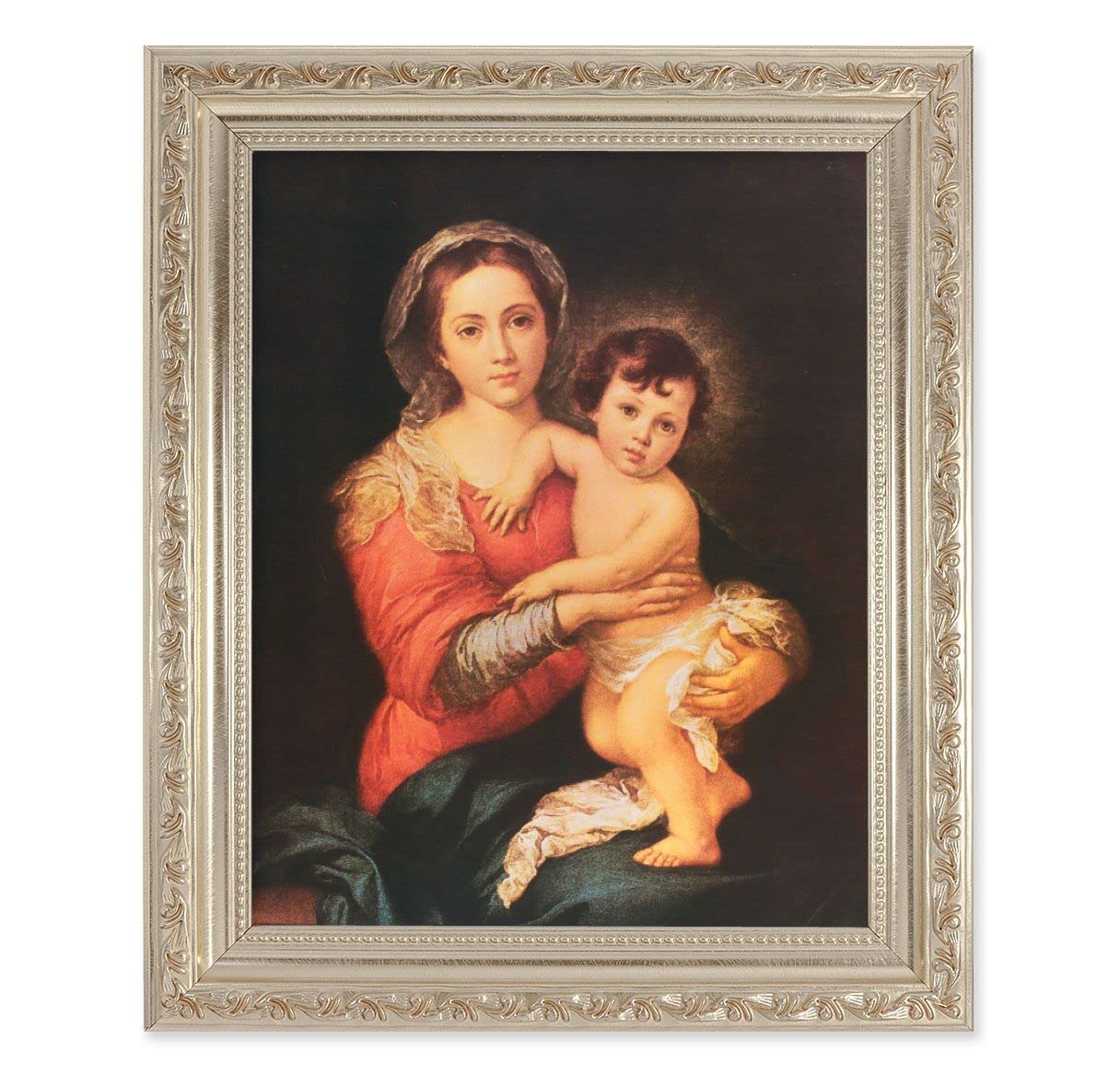 Murillo Madonna and Child, 10"x12" Antique Silver & Carved Scrollwork Frame, Italian Print Under Glass # 26826