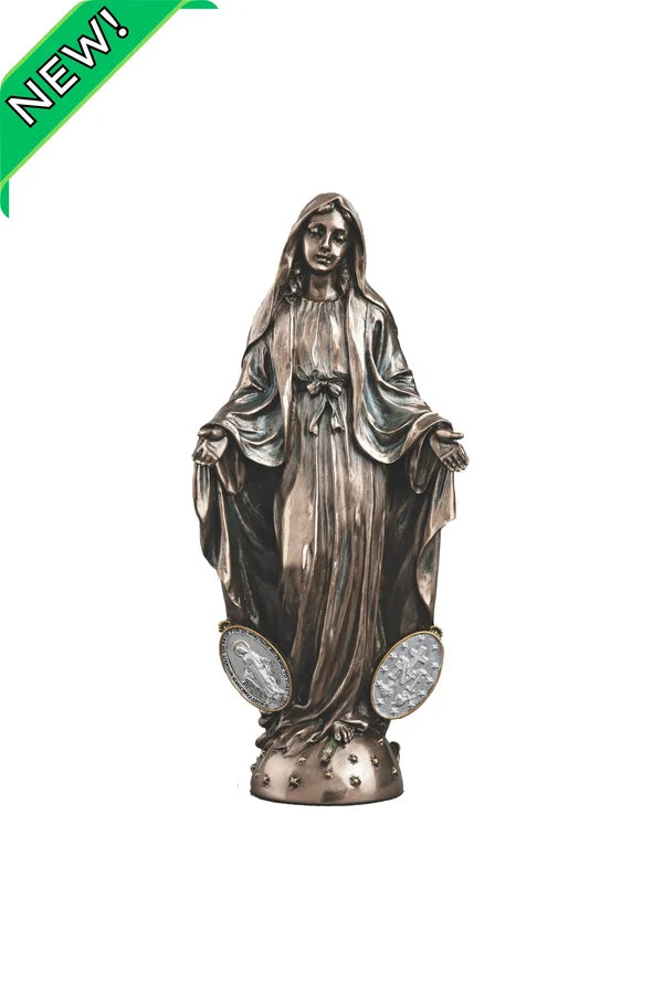 Miraculous Medal Mary Statue in lightly hand-painted cold cast bronze, 7.75" # 4397