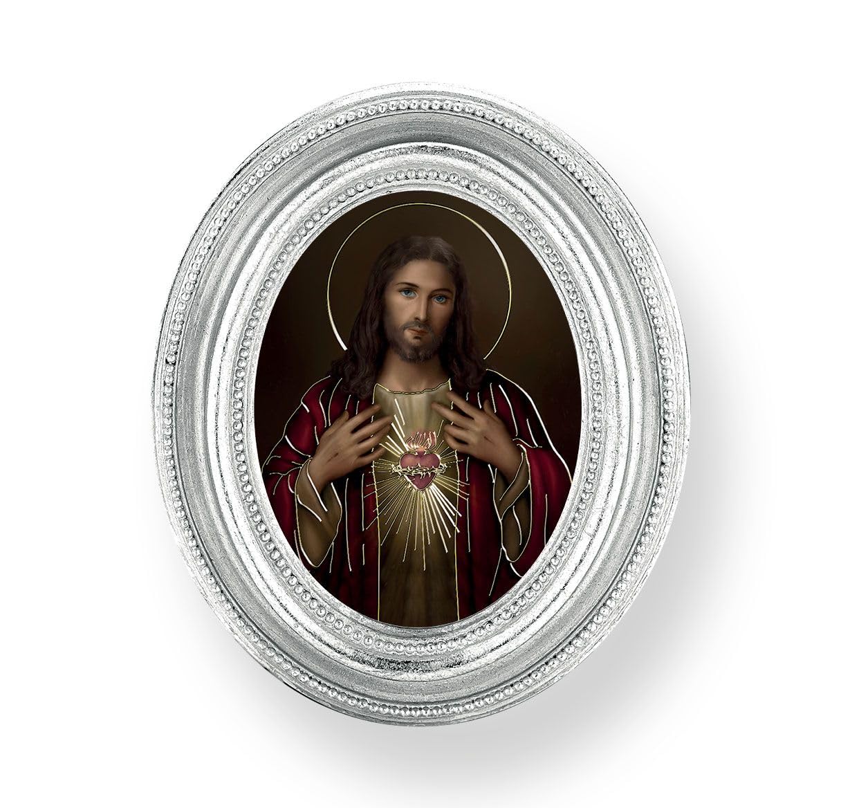 Simeone: Sacred Heart, Silver Finish 3-3/4"x4-1/2 Oval Frame, Exclusive Gold Stamped Print Under Glass # 28438