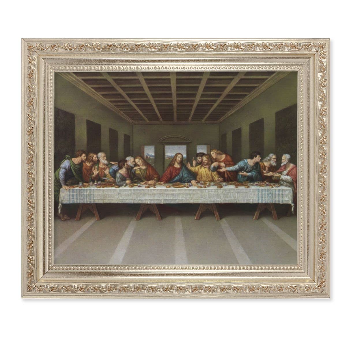 Last Supper, 10"x12" Antique Silver & Carved Scrollwork Frame, Italian Print Under Glass # 26847