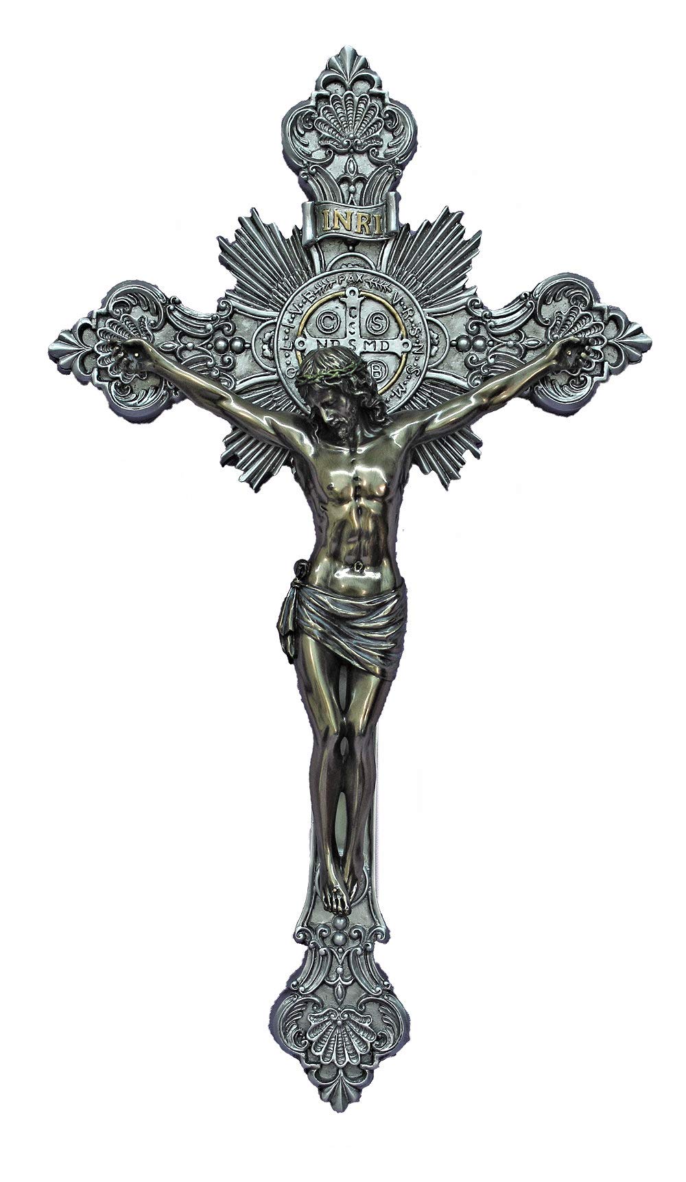 14" Ornate St. Benedict Crucifix, Bronze Resin Figure on Pewter Finish Cross, # 17773