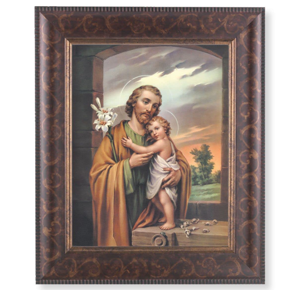 St. Joseph Picture, 11-1/4"x13-1/4, Antique Gold & Espresso Frame, Italian Print Under Glass # 25896