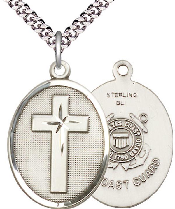 Coast Guard Oval Cross Medal, 1" tall, Sterling Silver, 24" Chain, # 45187-sale