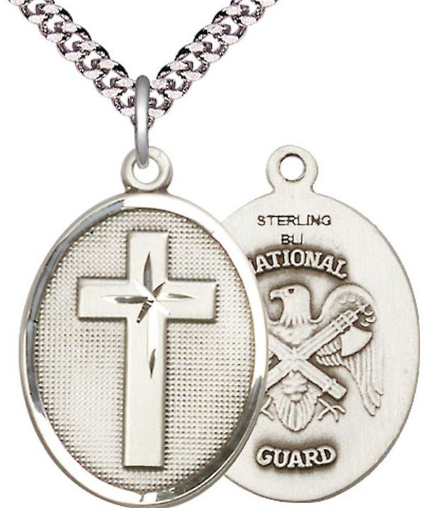National Guard Oval Cross Medal, 1" tall, Sterling Silver, Your Choice of Chain, # 45189