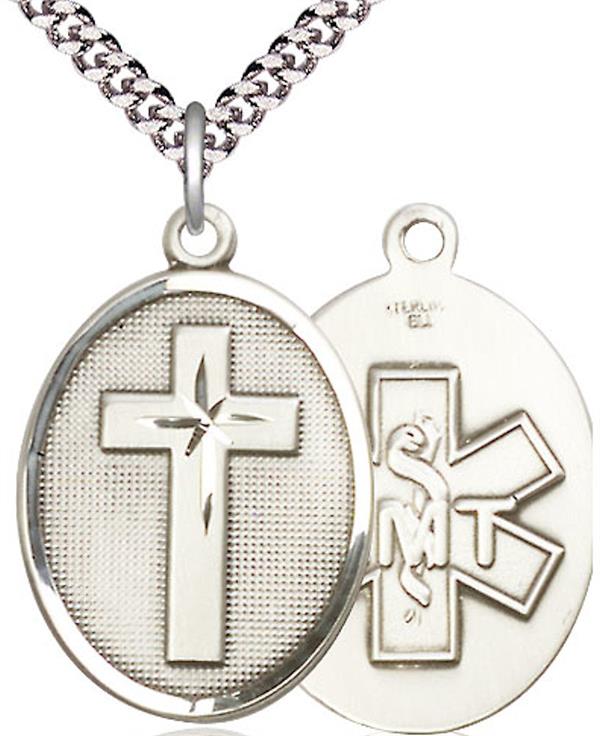 Oval Cross EMT Medal, Sterling Silver, 1" tall, 24" Chain, # 45192-sale