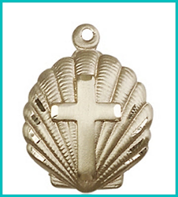 3/4" Cross / Shell Pendant, Solid 14kt Gold, Free Chain, # 45450