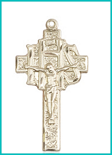 IHS Cross, 1-1/4" Solid 18kt Gold, Free Chain, # 45504