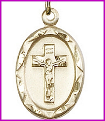 3/4" Oval Crucifix in Solid 18kt Gold, Free Chain, # 45535