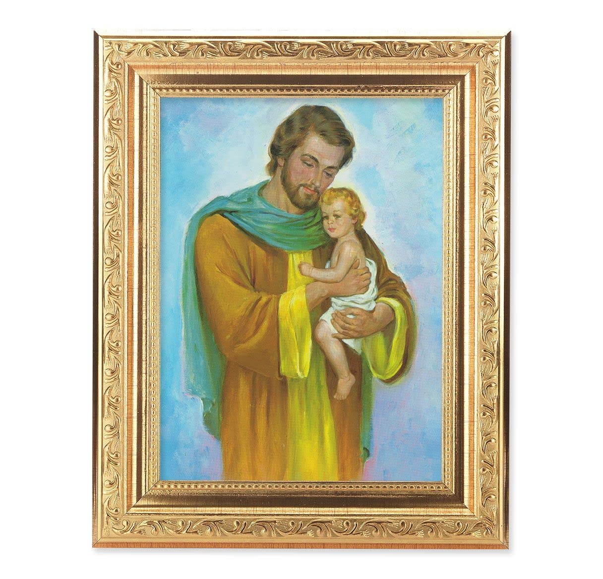 St. Joseph & Child Picture, 8-1/4"x10-1/4 Gold-Leaf Finish Acanthus Leaf Detail Under Glass # 27763