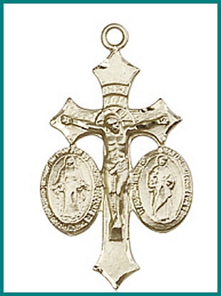 1-1/8" Solid 18kt Gold Jesus, Mary & Joseph Medal, Free Chain, # 45625