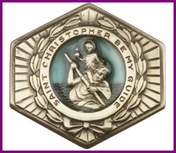 Visor Clip, Bronze Oxide Finish, St. Christopher, Blue Enamel, 1-5/8" wide, # 45772