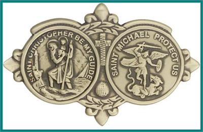 Visor Clip, Bronze Oxide Finish, Saints Michael and Christopher, 3-1/8" wide, # 45784
