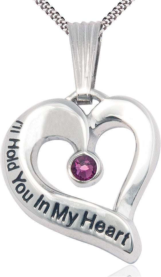 I'll Hold You In My Heart Sterling Necklace, 1" tall with 3mm Amethyst Swarovski Birthstone and Your Choice of Chain, # 4673