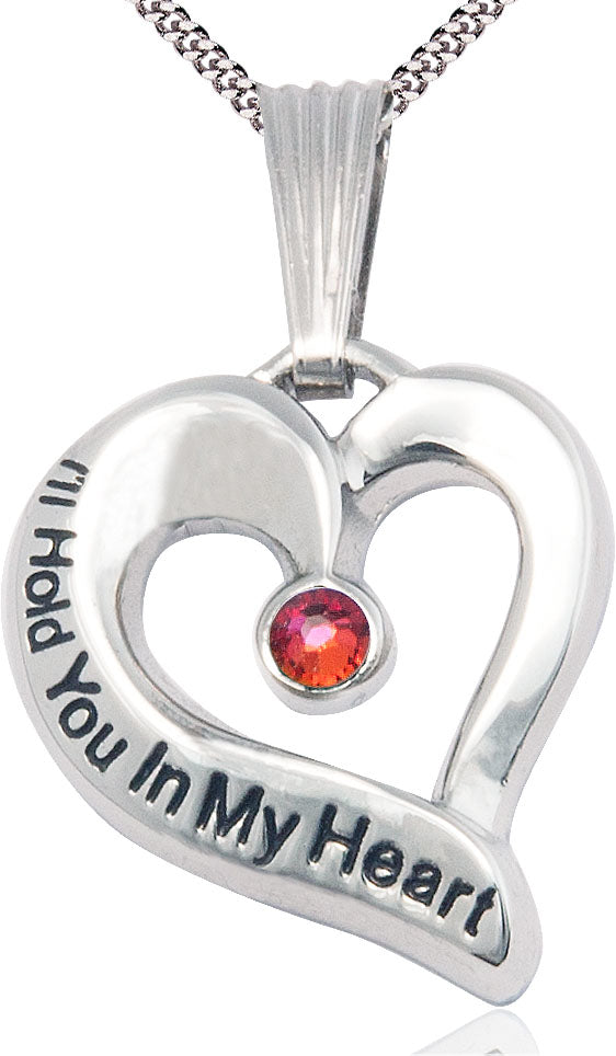 I'll Hold You In My Heart Sterling Necklace, 1" tall with 3mm Garnet Swarovski Birthstone and Your Choice of Chain, # 4678