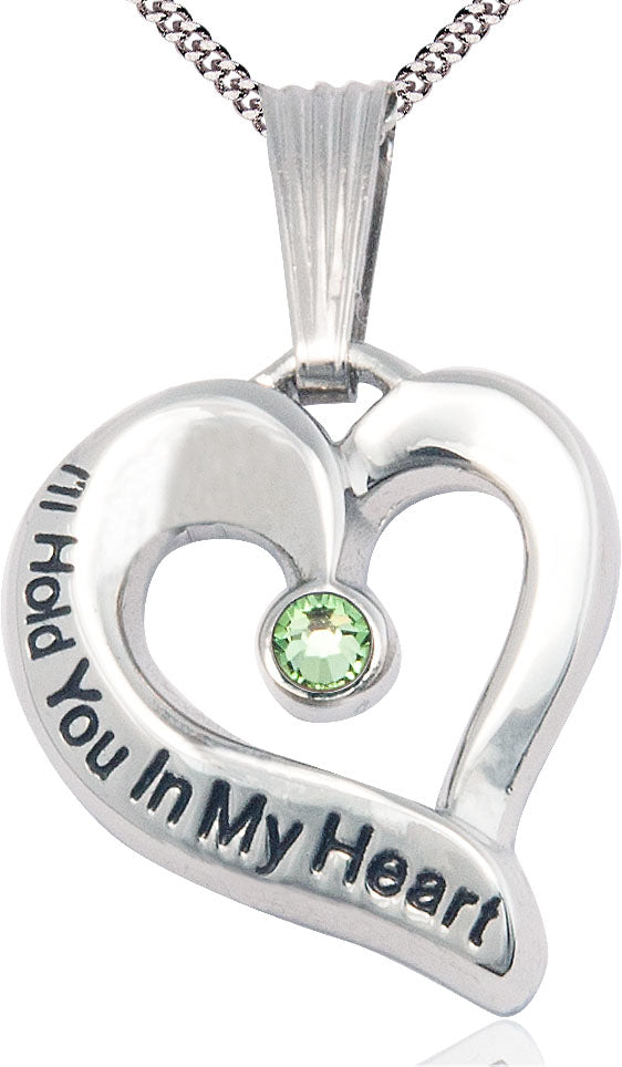 I'll Hold You In My Heart Sterling Necklace, 1" tall with 3mm Peridot Swarovski Birthstone and Your Choice of Chain, # 4680