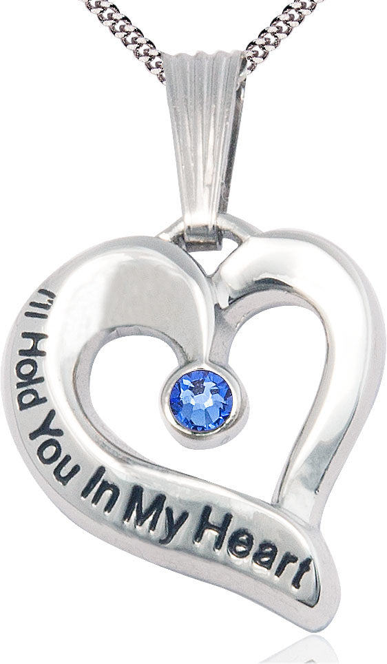 I'll Hold You In My Heart Sterling Necklace, 1" tall with 3mm Sapphire Swarovski Birthstone and Your Choice of Chain, # 4684