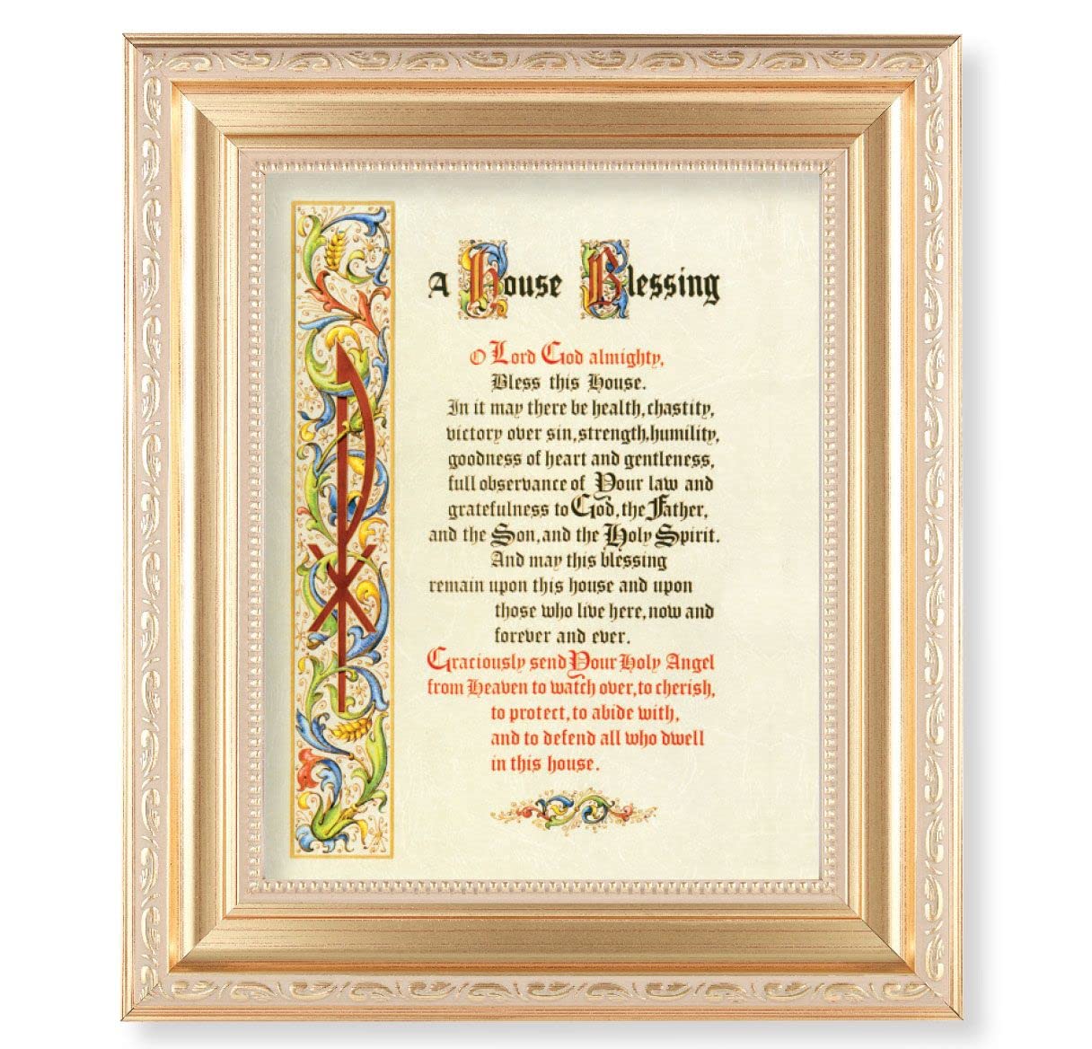 A House Blessing, 11.5"x13.5" Satin Gold Frame, Distressed Finish with Scrollwork, Italian Print Under Glass # 26483