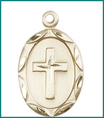 3/4" Oval Framed Cross Necklace, Solid 18kt Gold, Free Chain, # 47016
