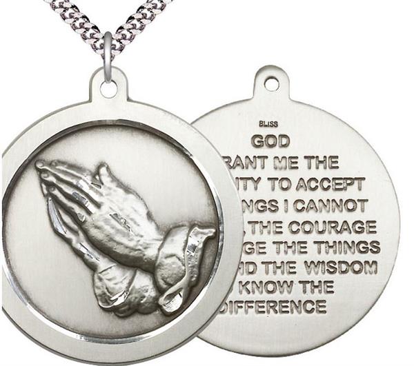 Praying Hands Serenity Medal Necklace in Fine Pewter, 1-1/2", Your Choice of Chain, # 4791