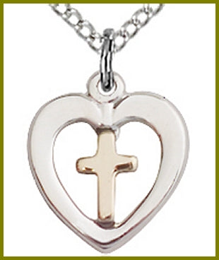 5/8" Gold Filled Cross on Sterling Silver Heart, your choice of chain, # 48132