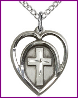 Sterling Silver Heart with Cross, 5/8", your choice of chain, # 48115