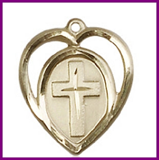 Solid 18kt Gold Heart with Cross, 5/8", Free Chain, # 48118