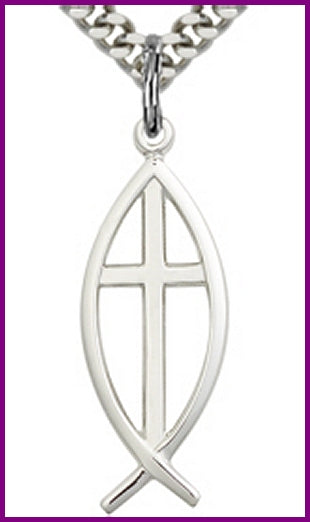 Fish / Icthus Cross in Sterling Silver, 1", your choice of chain, # 48138