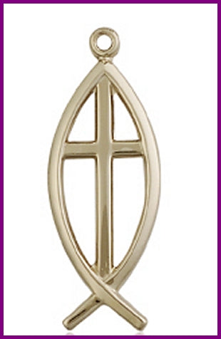 Fish / Icthus Cross in Solid 14kt Gold, 1", Free Chain, # 48140