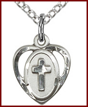 Sterling Silver Heart & Cross Medal, 3/8", your choice of chain, # 48146