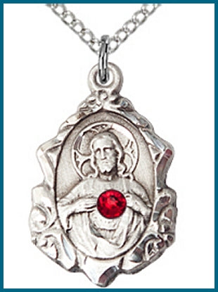 3/4" Sterling Silver Scapular Medal, Your Choice of 3mm Swarovski Birthstone (Ruby Displayed), your choice of chain, # 48275