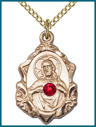 3/4" 14kt Gold Filled, Scapular Medal, Your Choice of 3mm Swarovski Birthstone (Ruby Displayed), your choice of chain, # 48276