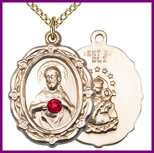 7/8" 14kt Gold Filled Scapular Medal, Your Choice of 3mm Swarovski Birthstone (Ruby Displayed), your choice of chain, # 48284
