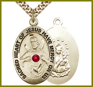 1" 14kt Gold Filled Scapular Medal, Your Choice of 3mm Swarovski Birthstone (Ruby Displayed), your choice of chain, # 48292