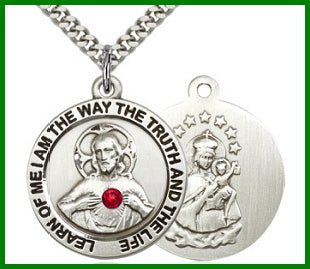7/8" Sterling Scapular Medal, Your Choice of 3mm Swarovski Birthstone (Ruby Displayed), your choice of chain, # 48297