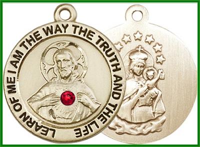 7/8" Solid 18kt Gold Scapular Medal, Your Choice of 3mm Swarovski Birthstone (Ruby Displayed), Free Chain, # 48300