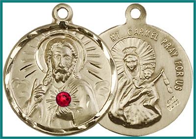 3/4" Solid 14kt Gold Scapular Medal, Your Choice of 3mm Swarovski Birthstone (Ruby Displayed), Free Chain, # 48307