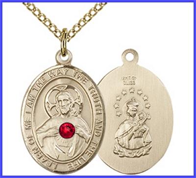 3/4"x9/16" 14kt Gold Filled Scapular Medal, Your Choice of 3mm Swarovski Birthstone (Ruby Displayed), your choice of chain, # 48310