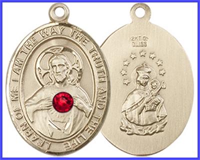 3/4"x9/16" Solid 14kt Gold Scapular Medal, Your Choice of 3mm Swarovski Birthstone (Ruby Displayed), Free Chain, # 48311