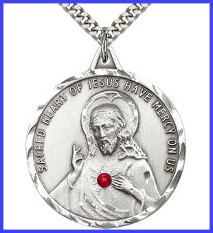 1-1/4" dia. Sterling Scapular Medal, Your Choice of 3mm Swarovski Birthstone (Ruby Displayed), your choice of chain, # 48317